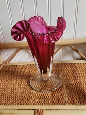 Vintage 20th C. Red & Clear Glass Ruffled Fluted Footed Vase